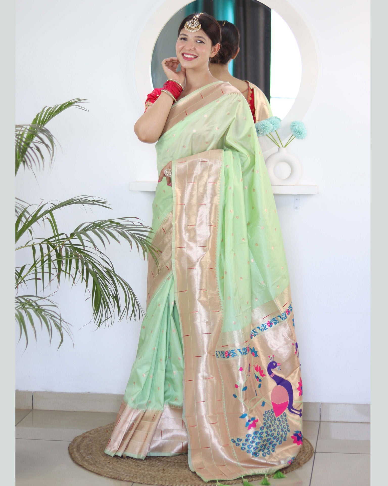 Pista Green Paithani Silk Woven Jacquard Saree With Maroon Embroidered Art Silk Blouse
