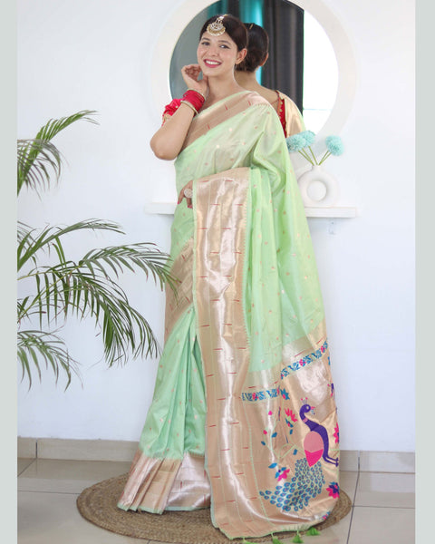 Pista Green Paithani Silk Woven Jacquard Saree With Maroon Embroidered Art Silk Blouse