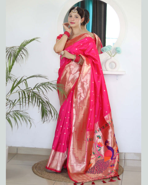 Dark Pink Paithani Silk Woven Jacquard Saree With Maroon Embroidered Art Silk Blouse