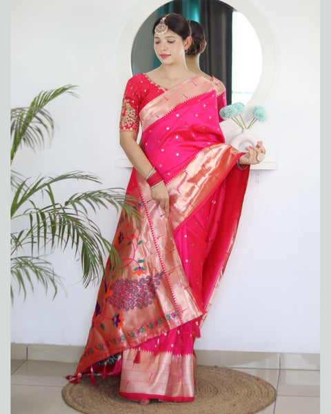 Dark Pink Paithani Silk Woven Jacquard Saree With Maroon Embroidered Art Silk Blouse