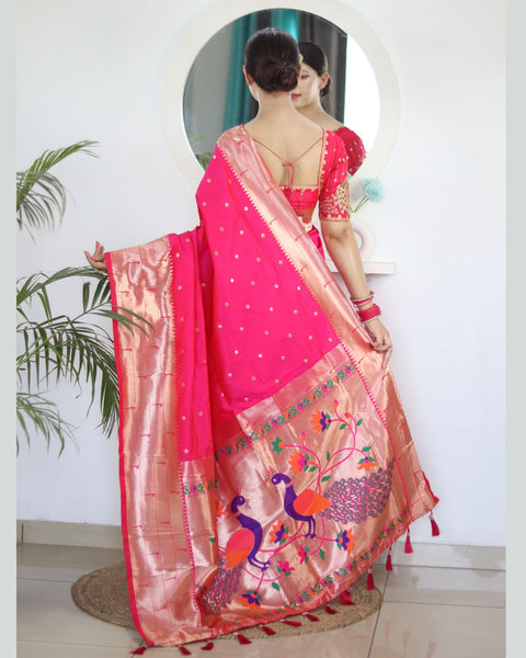 Dark Pink Paithani Silk Woven Jacquard Saree With Maroon Embroidered Art Silk Blouse