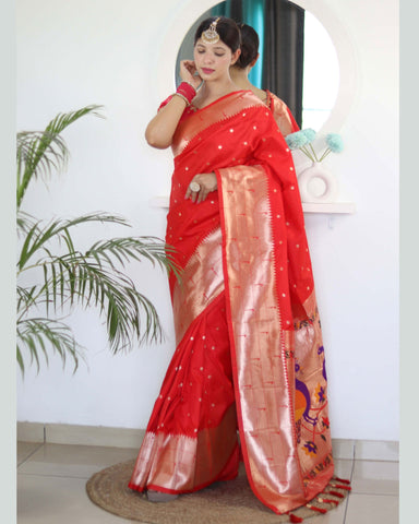 Red Paithani Silk Woven Jacquard Saree With Maroon Embroidered Art Silk Blouse