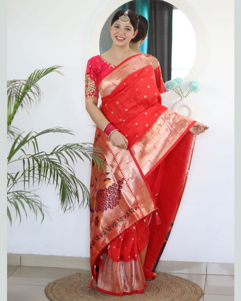 Red Paithani Silk Woven Jacquard Saree With Maroon Embroidered Art Silk Blouse