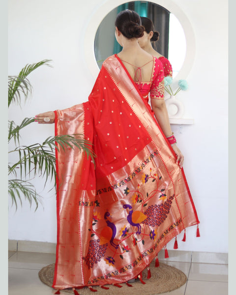 Red Paithani Silk Woven Jacquard Saree With Maroon Embroidered Art Silk Blouse