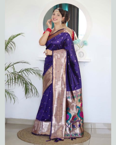 Violet Paithani Silk Woven Jacquard Saree With Maroon Embroidered Art Silk Blouse