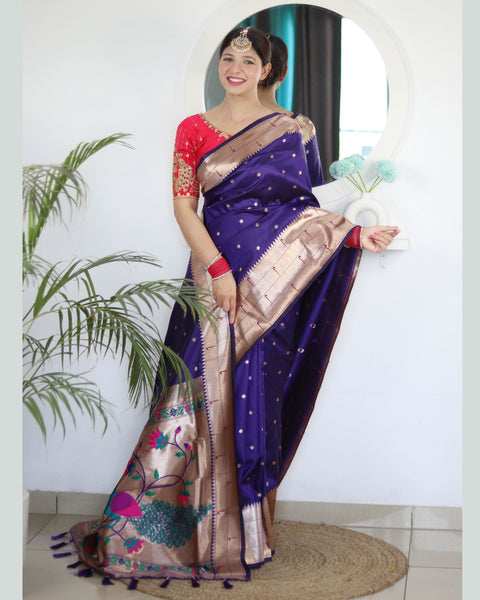 Violet Paithani Silk Woven Jacquard Saree With Maroon Embroidered Art Silk Blouse