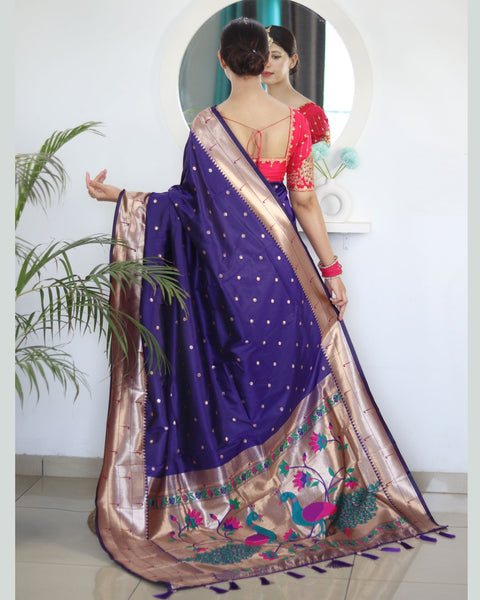 Violet Paithani Silk Woven Jacquard Saree With Maroon Embroidered Art Silk Blouse