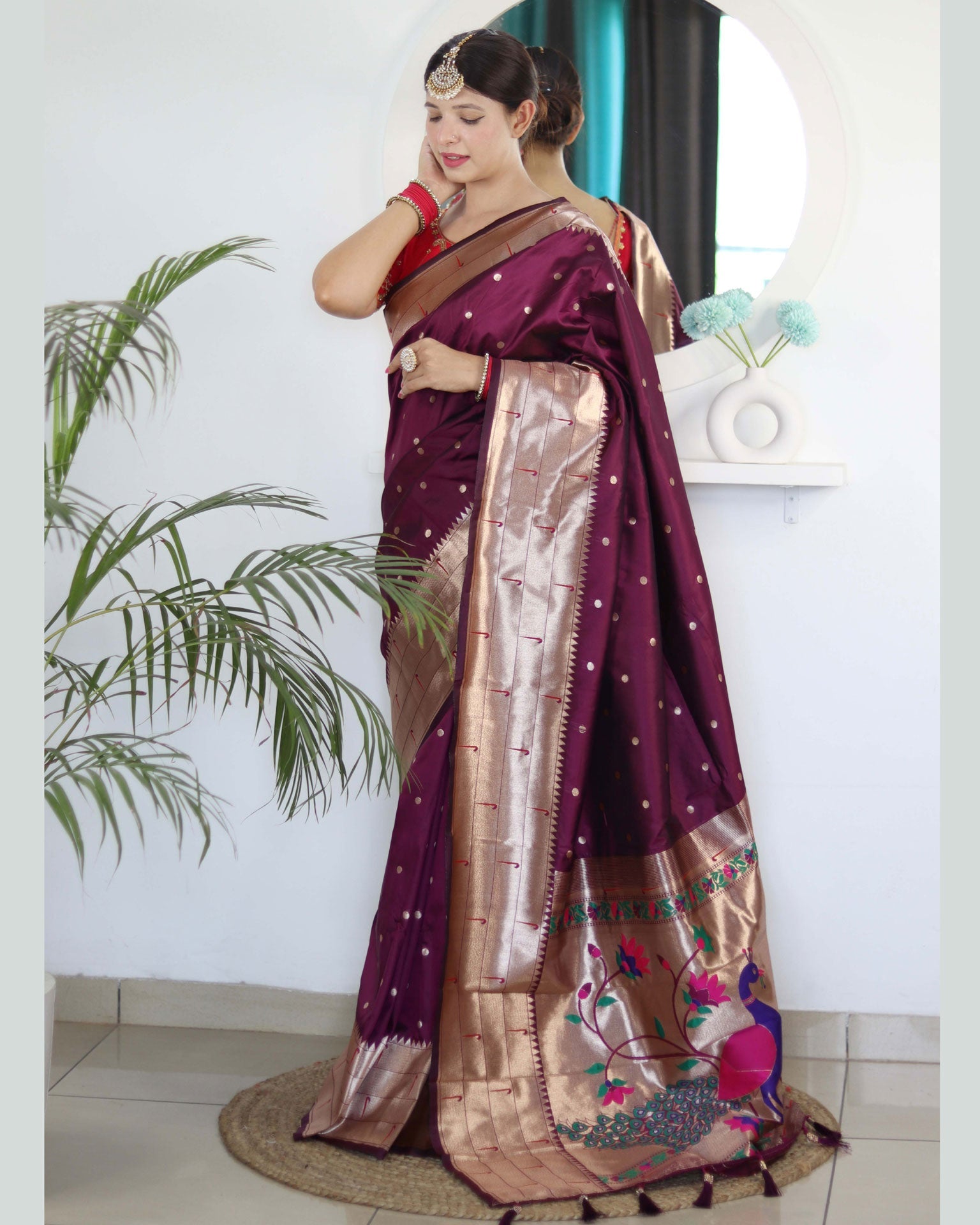 Wine Paithani Silk Woven Jacquard Saree With Maroon Embroidered Art Silk Blouse