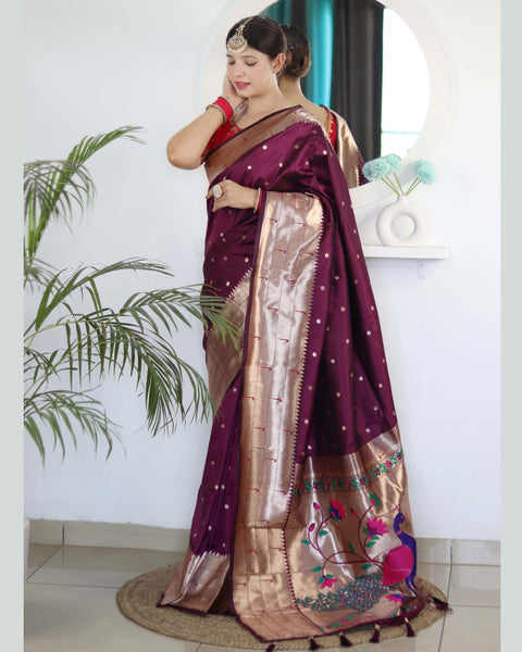 Wine Paithani Silk Woven Jacquard Saree With Maroon Embroidered Art Silk Blouse