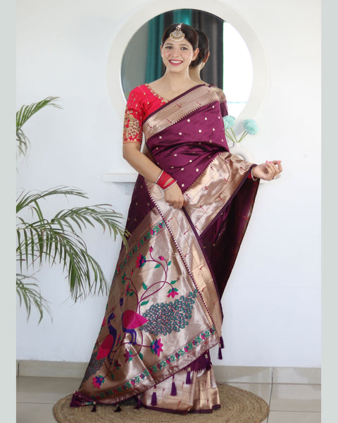 Wine Paithani Silk Woven Jacquard Saree With Maroon Embroidered Art Silk Blouse