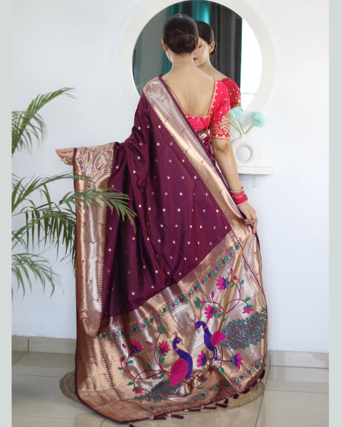 Wine Paithani Silk Woven Jacquard Saree With Maroon Embroidered Art Silk Blouse