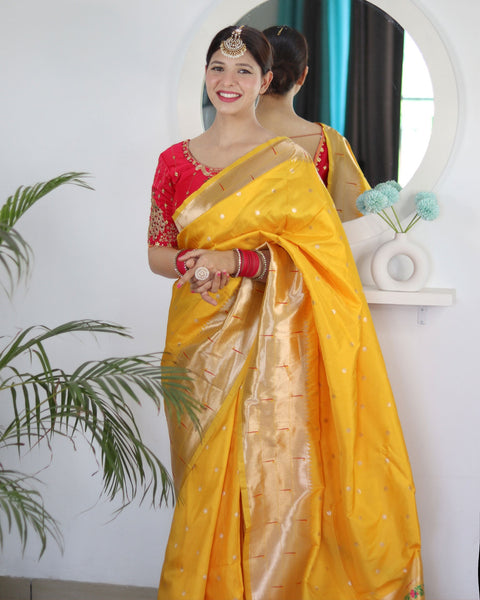 Yellow Paithani Silk Woven Jacquard Saree With Maroon Embroidered Art Silk Blouse