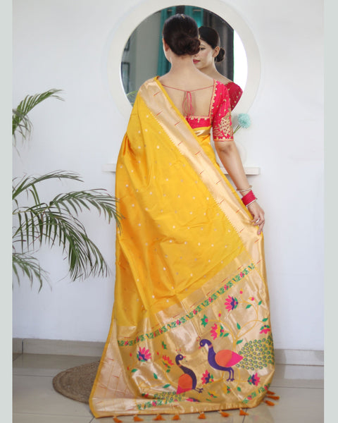 Yellow Paithani Silk Woven Jacquard Saree With Maroon Embroidered Art Silk Blouse