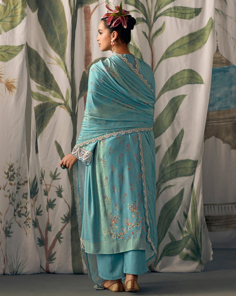 Blue Pure Muslin Cotton Embroidered Plus Size A Line Palazzo Suit With Printed Chinnon Dupatta