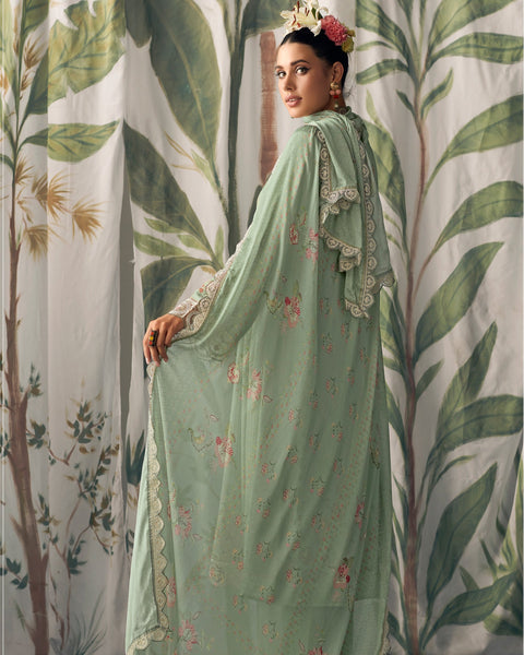 Green Pure Muslin Cotton Embroidered Plus Size A Line Palazzo Suit With Printed Chinnon Dupatta
