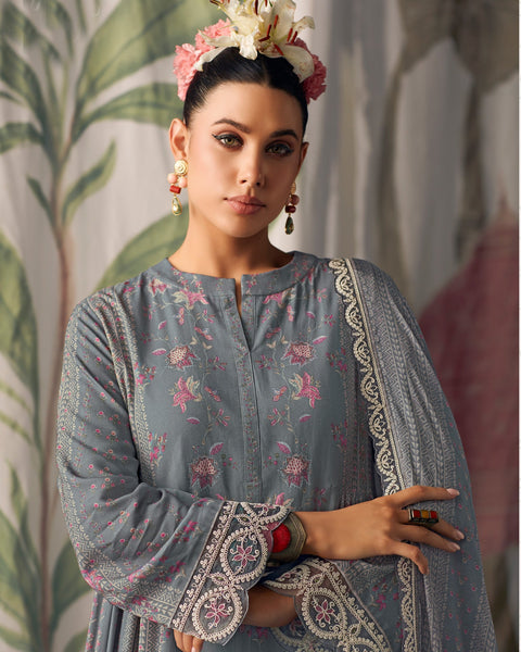 Grey Pure Muslin Cotton Embroidered Plus Size A Line Palazzo Suit With Printed Chinnon Dupatta