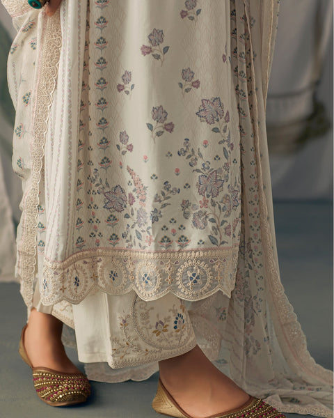 Cream Pure Muslin Cotton Embroidered Plus Size A Line Palazzo Suit With Printed Chinnon Dupatta