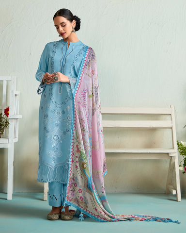 Sky Blue Muslin Cotton Embroidered Plus Size Straight Pant Suit With Digital Print Dupatta