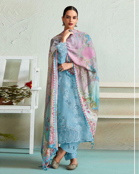 Sky Blue Muslin Cotton Embroidered Plus Size Straight Pant Suit With Digital Print Dupatta