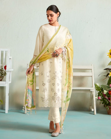 Cream Muslin Cotton Embroidered Plus Size Straight Pant Suit With Digital Print Dupatta