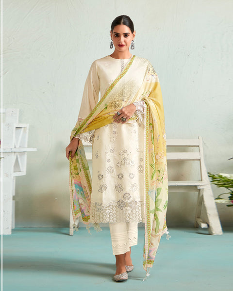 Cream Muslin Cotton Embroidered Plus Size Straight Pant Suit With Digital Print Dupatta