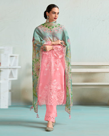 Pink Musllin Cotton Embroidered Plus Size Straight Pant Suit With Digital Print Dupatta