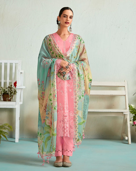 Pink Muslin Cotton Embroidered Plus Size Straight Pant Suit With Digital Print Dupatta