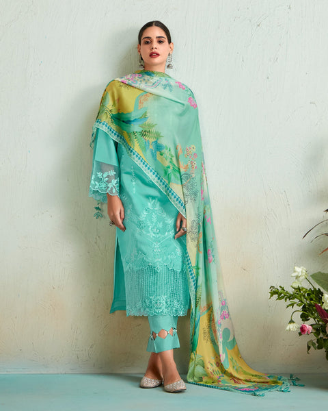 Sea Green Muslin Cotton Embroidered Plus Size Straight Pant Suit With Digital Print Dupatta