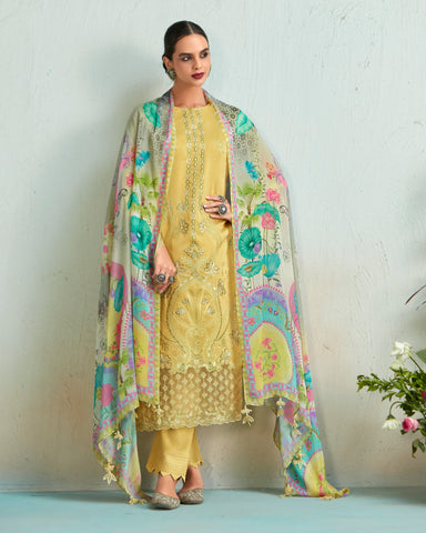Yellow Muslin Cotton Embroidered Plus Size Straight Pant Suit With Digital Print Dupatta