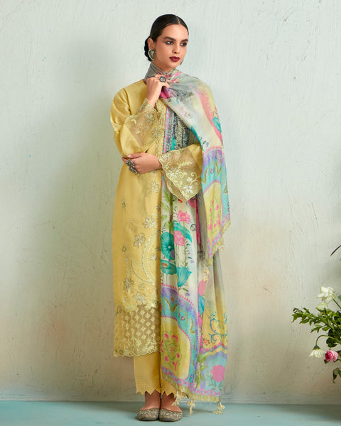 Yellow Muslin Cotton Embroidered Plus Size Straight Pant Suit With Digital Print Dupatta