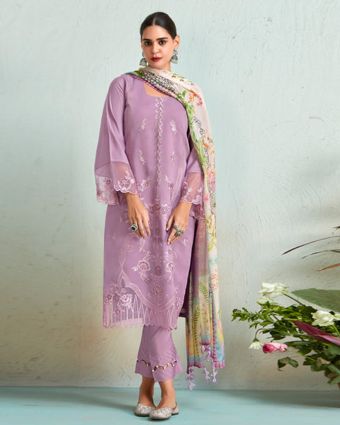 Purple Muslin Cotton Embroidered Plus Size Straight Pant Suit With Digital Print Dupatta