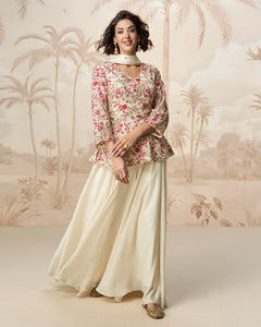 Cream Chinnon Silk Thread Sequins Work Women Readymade Palazzo Suit