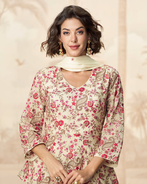 Cream Chinnon Silk Thread Sequins Work Women Readymade Palazzo Suit