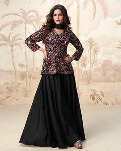 Black Chinnon Silk Thread Sequins Work Women Readymade Palazzo Suit
