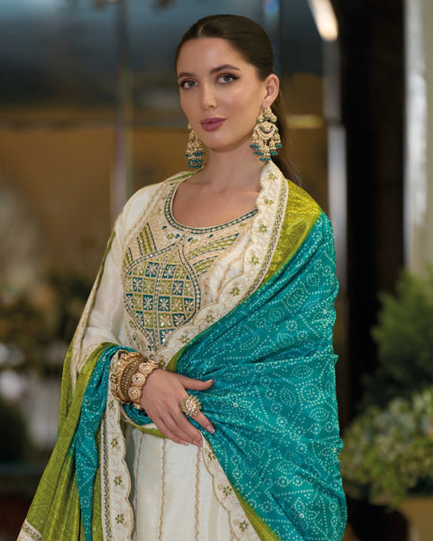White Blue Chinnon Silk Thread Sequins Work Women Readymade Sharara Suit