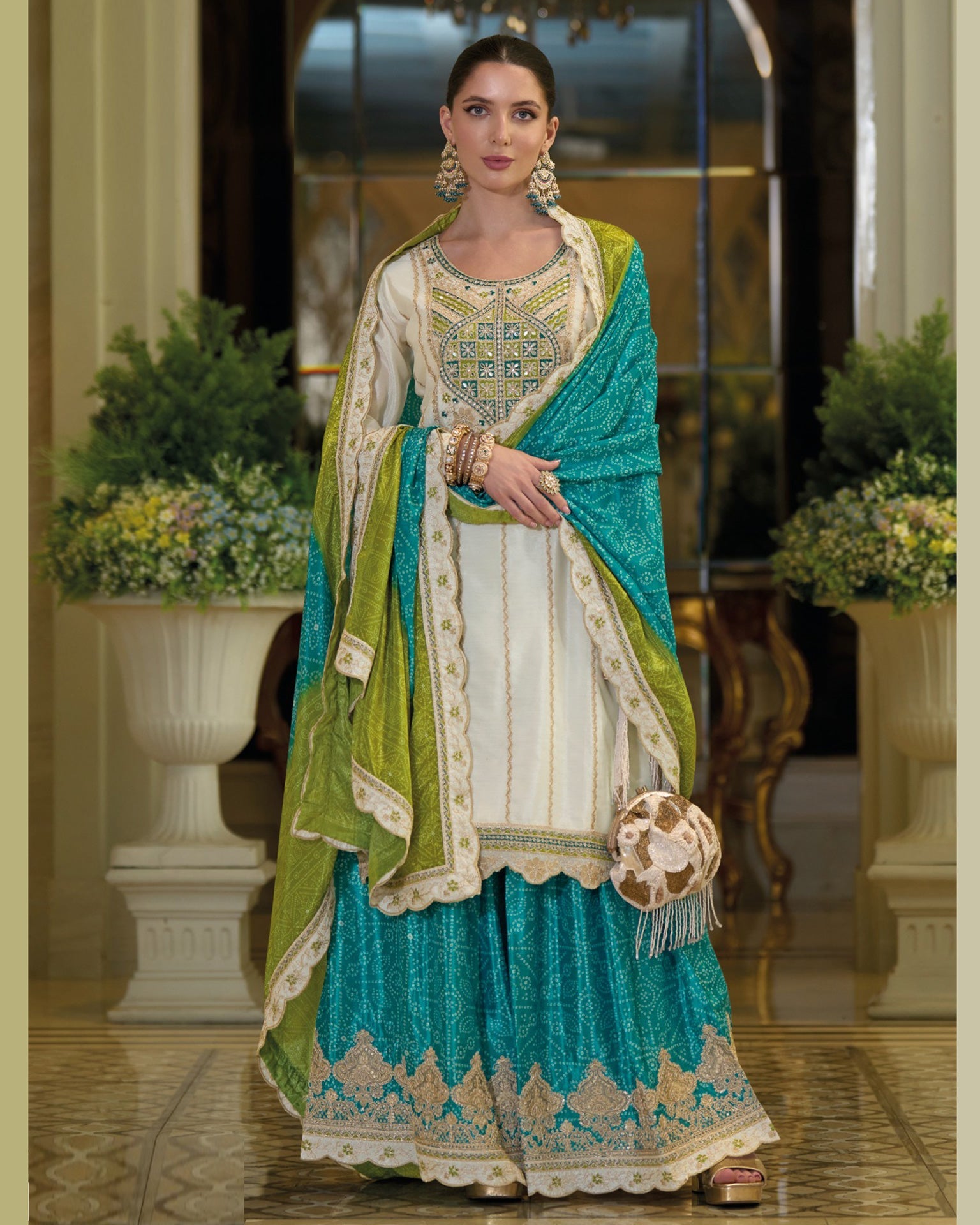 White Blue Chinnon Silk Thread Sequins Work Women Readymade Sharara Suit