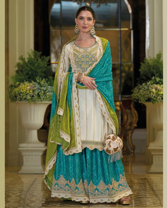 White Blue Chinnon Silk Thread Sequins Work Women Readymade Sharara Suit