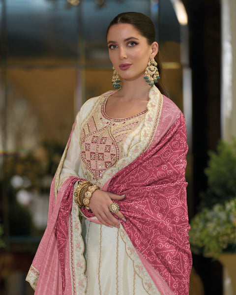 White Pink Chinnon Silk Thread Sequins Work Women Readymade Sharara Suit