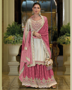 White Pink Chinnon Silk Thread Sequins Work Women Readymade Sharara Suit