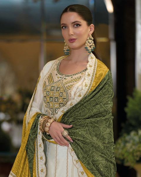 White Green Chinnon Silk Thread Sequins Work Women Readymade Sharara Suit