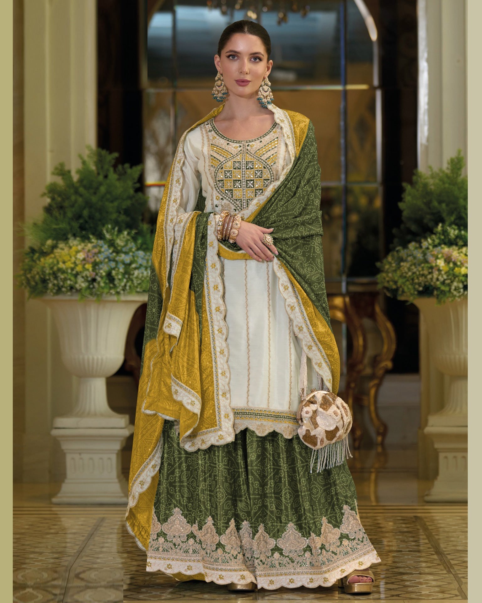 White Green Chinnon Silk Thread Sequins Work Women Readymade Sharara Suit