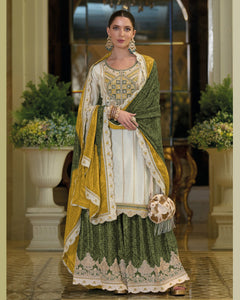 White Green Chinnon Silk Thread Sequins Work Women Readymade Sharara Suit