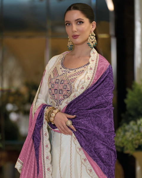 White Purple Chinnon Silk Thread Sequins Work Women Readymade Sharara Suit