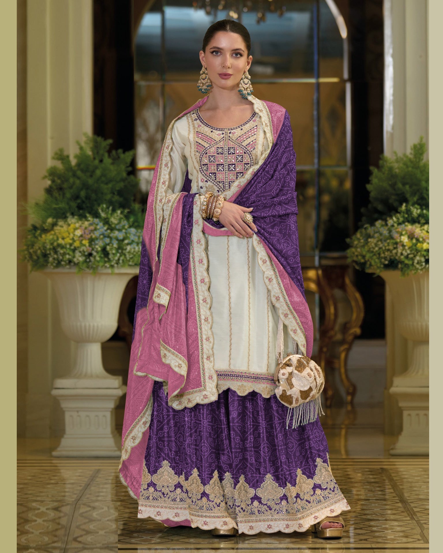 White Purple Chinnon Silk Thread Sequins Work Women Readymade Sharara Suit