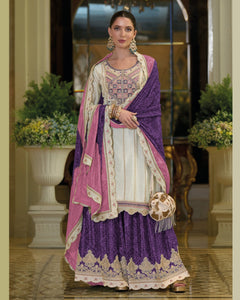 White Purple Chinnon Silk Thread Sequins Work Women Readymade Sharara Suit