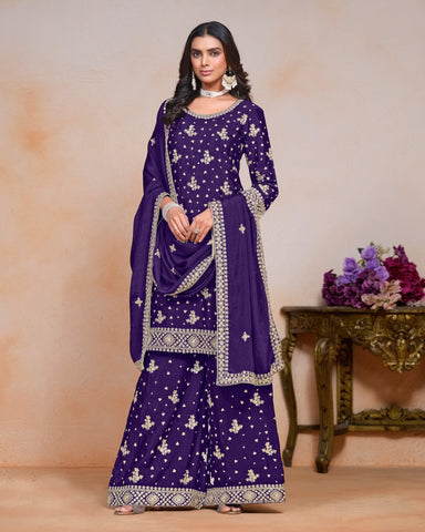 Purple Women Readymade Chinnon Silk Sequins Work Palazzo Suit With Chinnon Dupatta