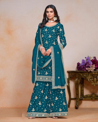 Blue Women Readymade Chinnon Silk Sequins Work Palazzo Suit With Chinnon Dupatta