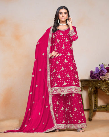 Pink Women Readymade Chinnon Silk Sequins Work Palazzo Suit With Chinnon Dupatta