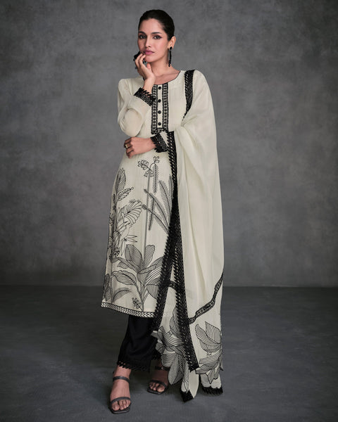 Thread Work Off White & Black Organza Silk Readymade Salwar Suit With Organza Dupatta