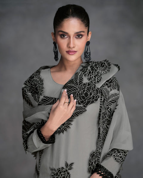 Thread Work Grey Organza Silk Readymade Salwar Suit With Organza Dupatta